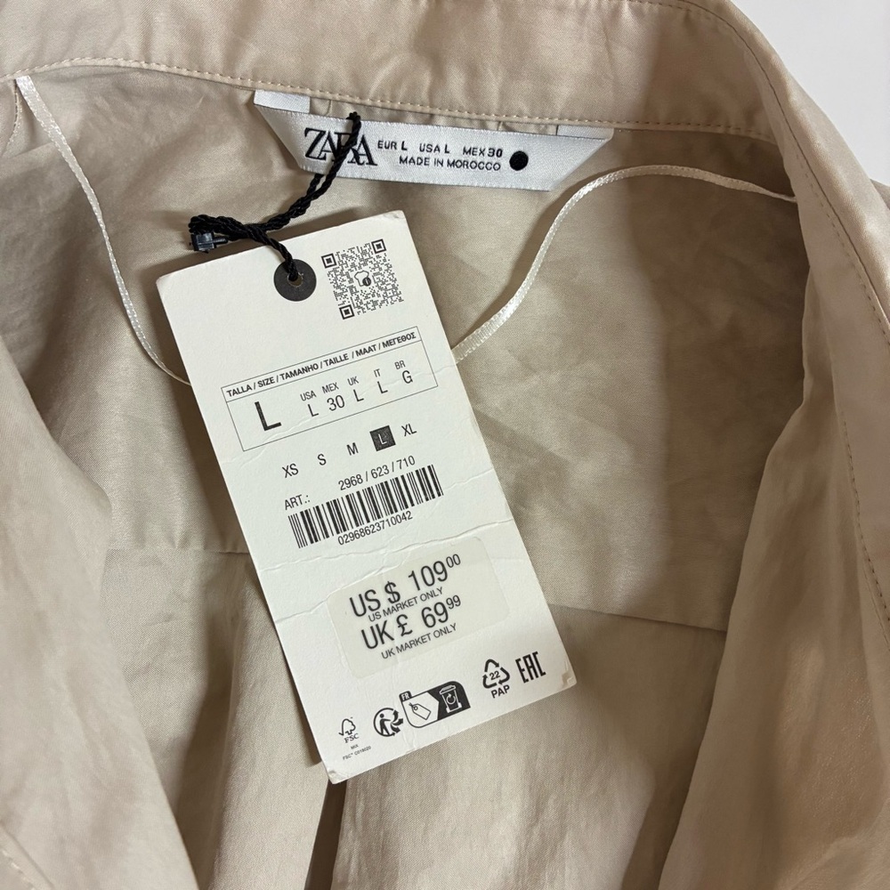 NWT Zara Ruched Sleeve Poplin Wrap Blouse Light Tan L - Picture 9 of 10